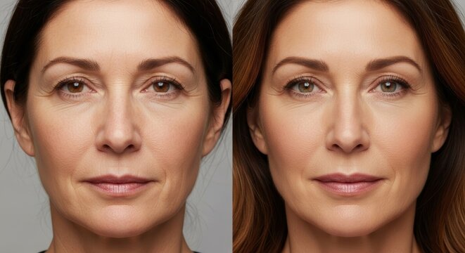 Before and after comparison of mature woman's face. Anti-aging treatment results showing reduction of wrinkles and smoother skin. Cosmetology, facelift, and skincare concept for rejuvenation.