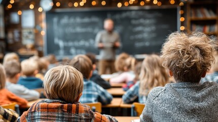 Obraz premium A classroom scene with students attentively listening to a teacher, adorned with warm lights, creating an inviting educational atmosphere.