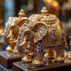 Detailed golden elephants, adorned with jewels, on wooden bases