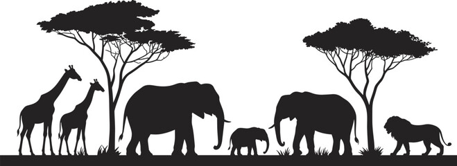 African wildlife silhouette illustration, giraffes elephants and lion under acacia trees, savanna landscape vector, safari animal design, nature art © Its Morsed here