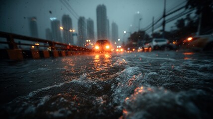 A moody urban scene depicting heavy rain, flooded streets, and illuminated car headlights against a backdrop of skyscrapers.