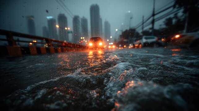 A moody urban scene depicting heavy rain, flooded streets, and illuminated car headlights against a backdrop of skyscrapers.