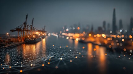 Fototapeta premium A bustling port at night with illuminated cranes, cargo ships, and a blurred city skyline, showcasing the blend of industry and urban life.
