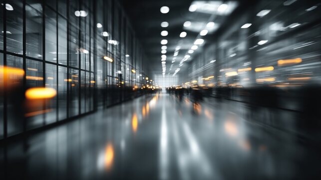 A blurred, dynamic interior scene featuring illuminated spaces, creating an abstract and energetic atmosphere.