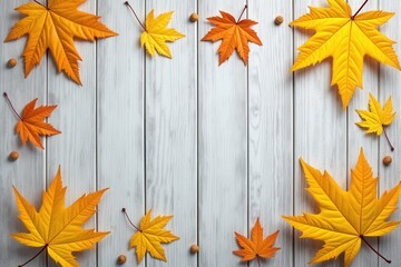 Autumn leaves on a white wooden background with copy space.