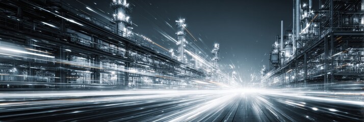 Nighttime in an industrial zone brings to life bright lights and tall structures, captured in motion to evoke energy and speed within the scene.