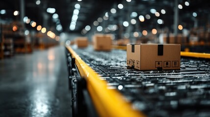 A conveyor belt in a warehouse with cardboard boxes, illuminated by soft lights, creating a focused and efficient atmosphere of logistics.