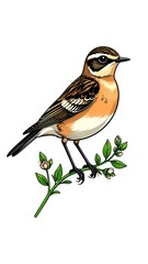 Detailed illustration of a small bird perched on a leafy branch