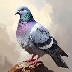 Detailed illustration of a vibrant pigeon perched on a rock