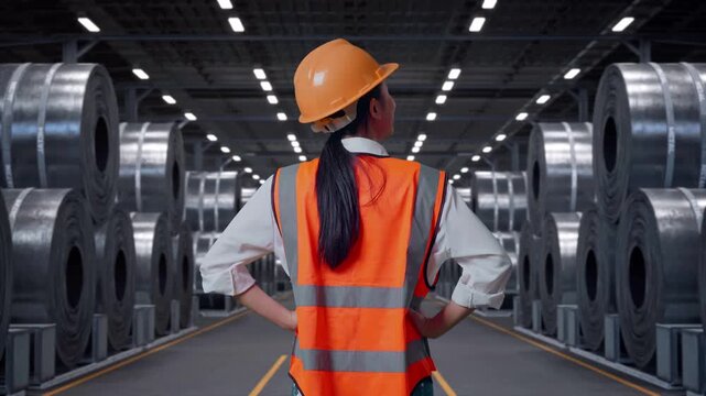 Back View Of A Female Engineer Wearing Safety Helmet Looking Around While Standing With Arms Akimbo with Stacks of Huge Metal Steel Coils in Warehouse