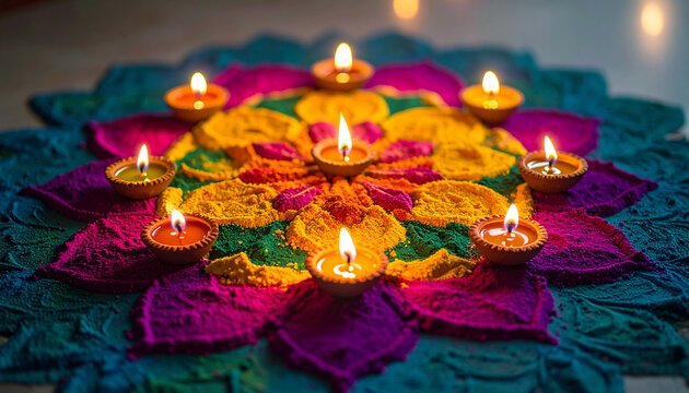 Artistic rangoli made of colored powders with small tealight candles embedded within, glowing flame