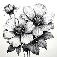 Detailed illustration of blossoming flowers with intricate line art