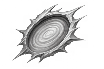 Abstract black hole portal opening with spiky border in a spiral pattern, transparent background