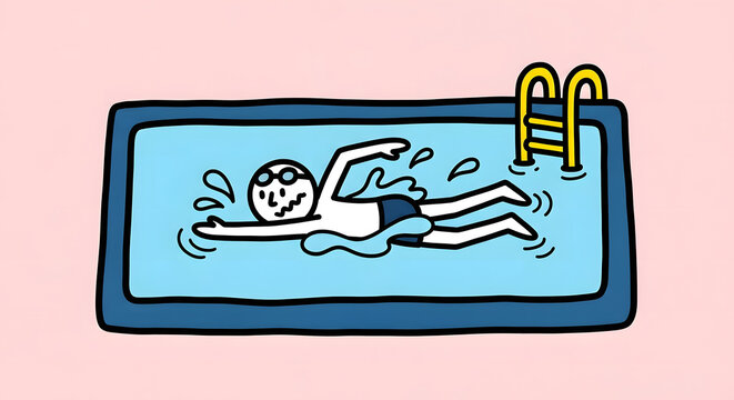 Cartoon of a happy person swimming laps in a blue swimming pool with a ladder - Powered by Adobe