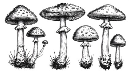 Detailed illustration of various mushroom species