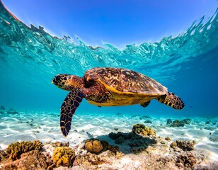 Obraz premium A sea turtle gracefully swims underwater, with sunlit surface overhead