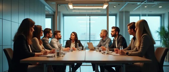 A dynamic meeting space showcasing a collaborative team discussing business mission and sustainability goals, with ample copy space for text overlay. - Powered by Adobe