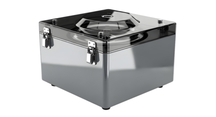 A close-up studio shot of a metallic container with latches and a reflective lid, showcasing industrial design and secure storage solutions