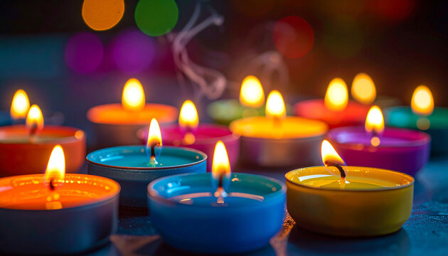 Small colorful tealight candles, wax colors, dark background, faint smoke trails, joyful Diwali