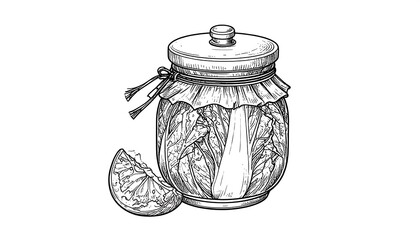 Detailed line drawing of a glass jar with pickled vegetables