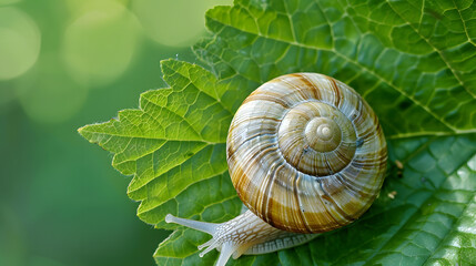 Snail on green leaf