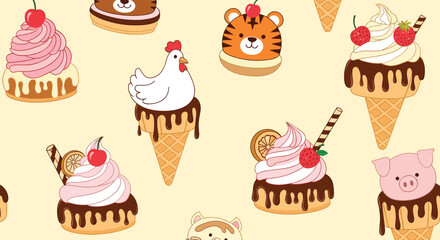A delightful pattern of various sweet treats and cute animal faces.