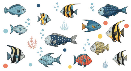 Fototapeta premium A diverse collection of small pixel art fishes swimming in the ocean.