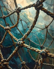 Detailed image of thick nautical ropes tied in a complex web pattern