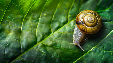 Snail on green leaf
