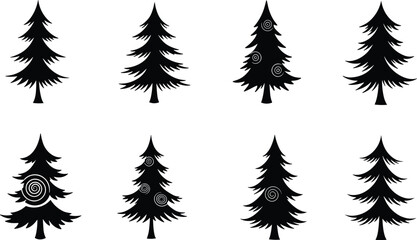 Black pine tree silhouettes, spiral pattern trees, forest illustration, nature clipart, vector set, decorative trees, landscape design elements
