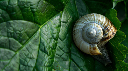 Snail on green leaf