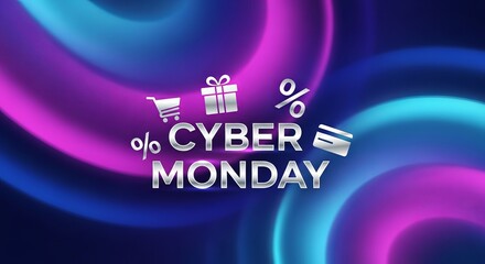 Cyber Monday deals promotion with vibrant swirling background, perfect for advertising sales and discounts during the shopping holiday event