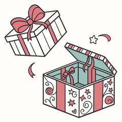 Illustration of a simple gift box. Red ribbon. Gift. Present. Christmas party.