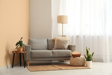 Interior of living room with floor lamp, sofa and houseplants