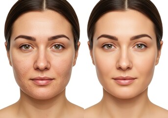 Comparison portrait of woman before and after cosmetic treatment. Face with acne and problem skin transforms into clear, healthy, perfect skin. Concept for dermatology, skincare, and beauty.