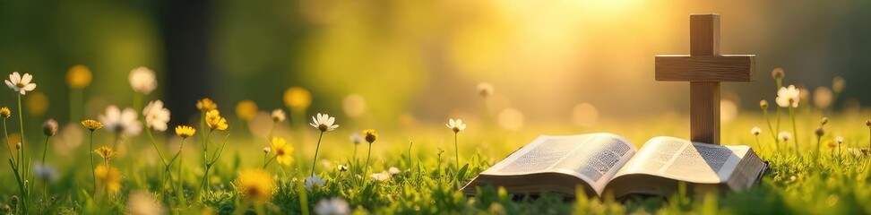 Fototapeta premium Peaceful Easter Scene Wildflowers, Cross, and Bible in Sunlit Field ? Faith, Hope, and Forgiveness