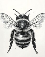 Detailed monochrome illustration of a bee, spread wings