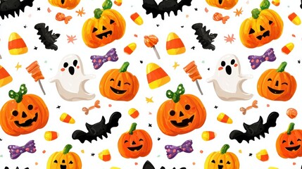 Repeating Halloween pattern with cheerful pumpkins, playful ghosts, bats, candy corn, isolated on white background