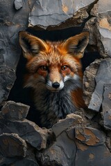 Portrait of a red fox with amber eyes looking through a hole in rusty metal - wildlife, animals, art photography. 