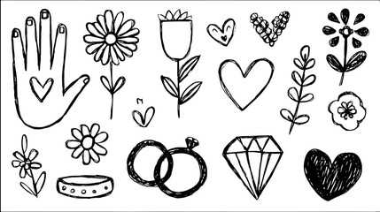 Hand-drawn flower and heart designs. Simple black line art vector illustration set featuring nature elements and decorative symbols.