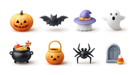Spooky 3D Halloween icon set with pumpkin, ghost, bat, witch hat, cauldron, candy, spider, tombstone, white background