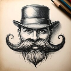 Detailed monochrome illustration of a man with a large mustache
