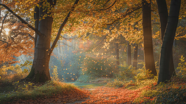 autumn forest in the morning 4k wallpaper