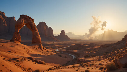 Golden hour sandstone arches standing among weathered rock and long shadows