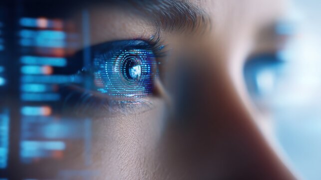 Close-up of a human eye with digital interface overlay, symbolizing innovation and future.