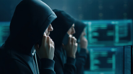 Group of scammer wearing a hoodie is talking on a cell phone, fraud and criminal concept