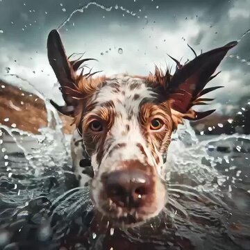 portrait of a wet funny dog close up