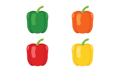 Colorful vector illustration of four bell peppers in green, orange, red, and yellow on a white background. Perfect for healthy food designs, nutrition concepts, and vegetable-themed graphics.