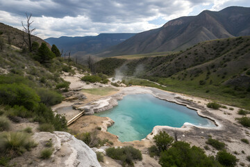 Obraz premium Scenic geothermal hot spring nestled in a valley surrounded by green hills and mountains, with steam rising under cloudy sky. Peaceful travel and relaxation concept.