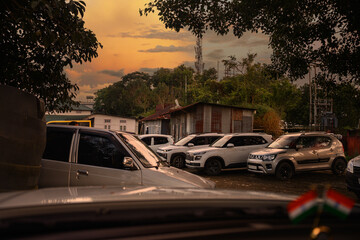 warm evening sunset atmosphere in a secluded car parking lot